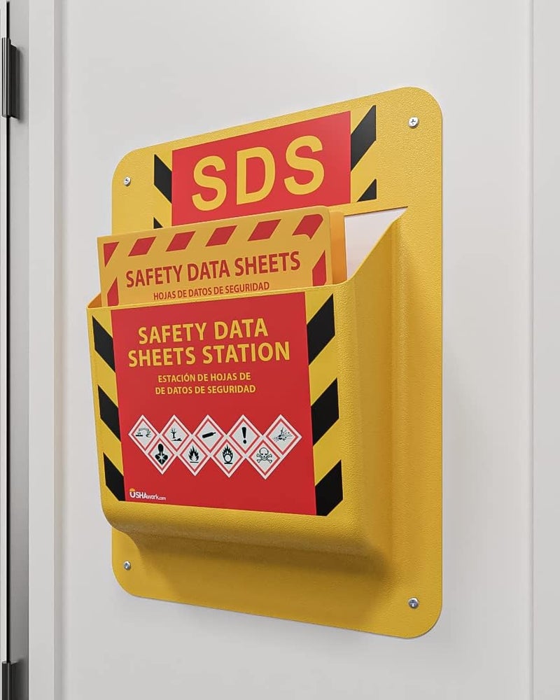 Oshawork مجموعة صفراء للسلامة، 2 عبوة، حافظة بيانات السلامة MSDS SDS ومحطة حائط - متطلبات 2024، حافظة بيانات السلامة SDS الثقيلة 3 بوصة، 3 حلقات، وحامل حافظة MSDS مثبت على الحائط، تشمل أدوات التركيب - Image 2